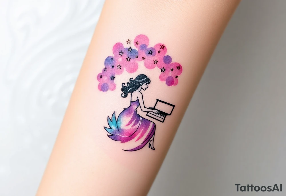 woman playing piano under the stars tattoo idea