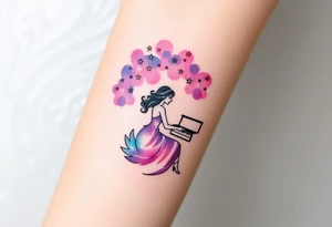 woman playing piano under the stars tattoo idea