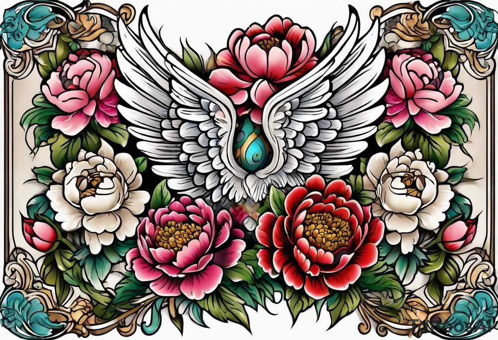 beautiful angel wings with colorful, peonies. beautiful flilligree in the background , full color, traditional old school , white background tattoo idea