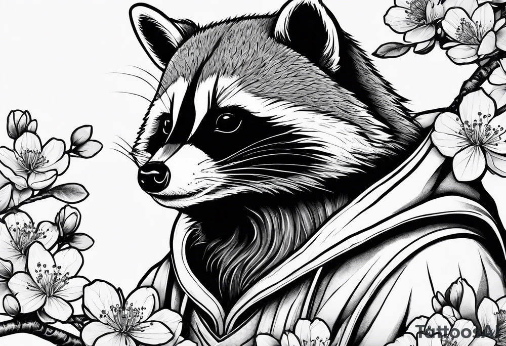 Raccoon wearing a Superman hoodie and Japanese cherry blossoms tattoo idea