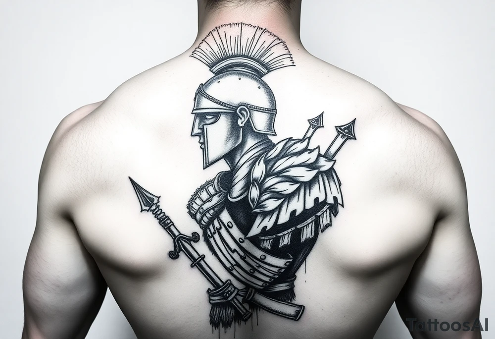 Spartan warrior protecting, guiding, leading, and defining the path for the ones he loves for a right shoulder chest and back piece tattoo idea