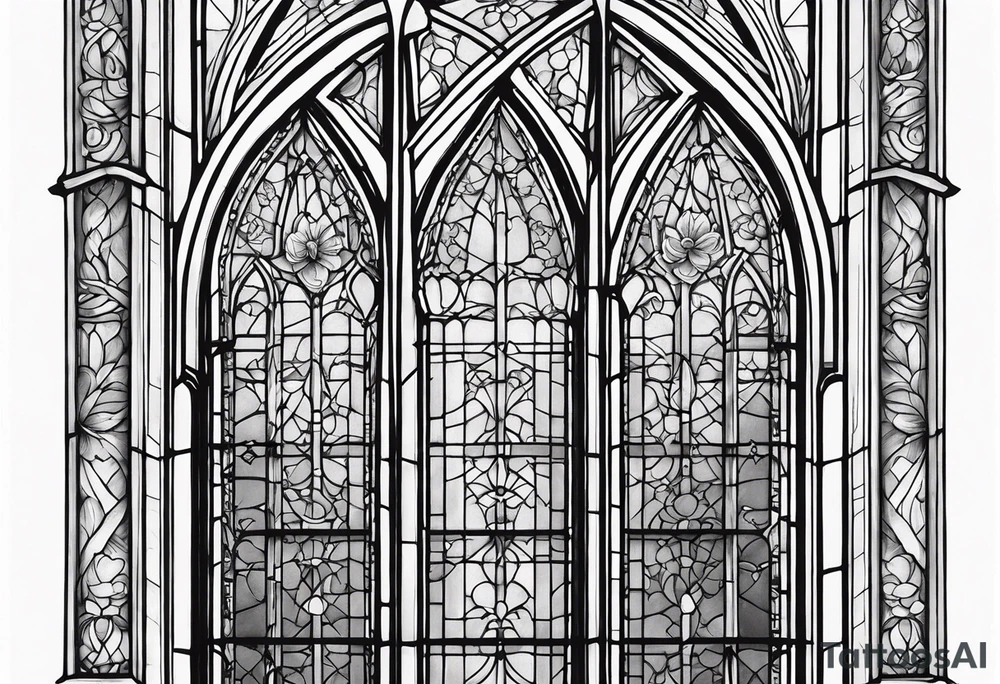 gothic, cathedral style window with intricate detail of windowsill, blacked out panes, long and skinny. Has to fit on back of arm tattoo idea