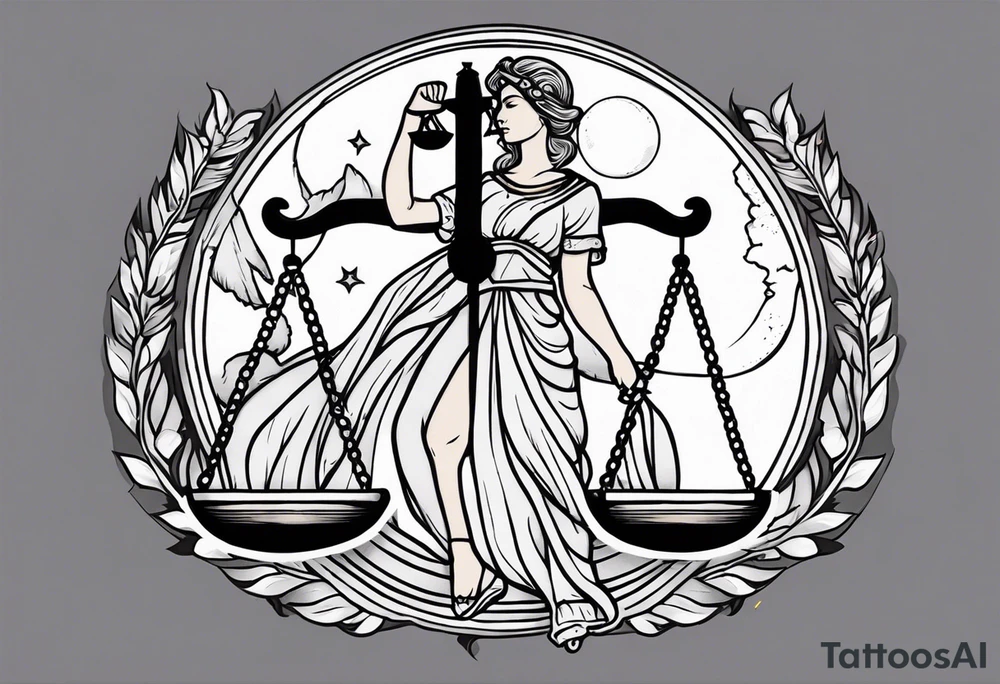 Themis holding the scales of justice while blindfolded with a moon in the background in color tattoo idea