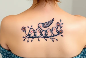 Mom bird and three baby birds with flowers tattoo idea