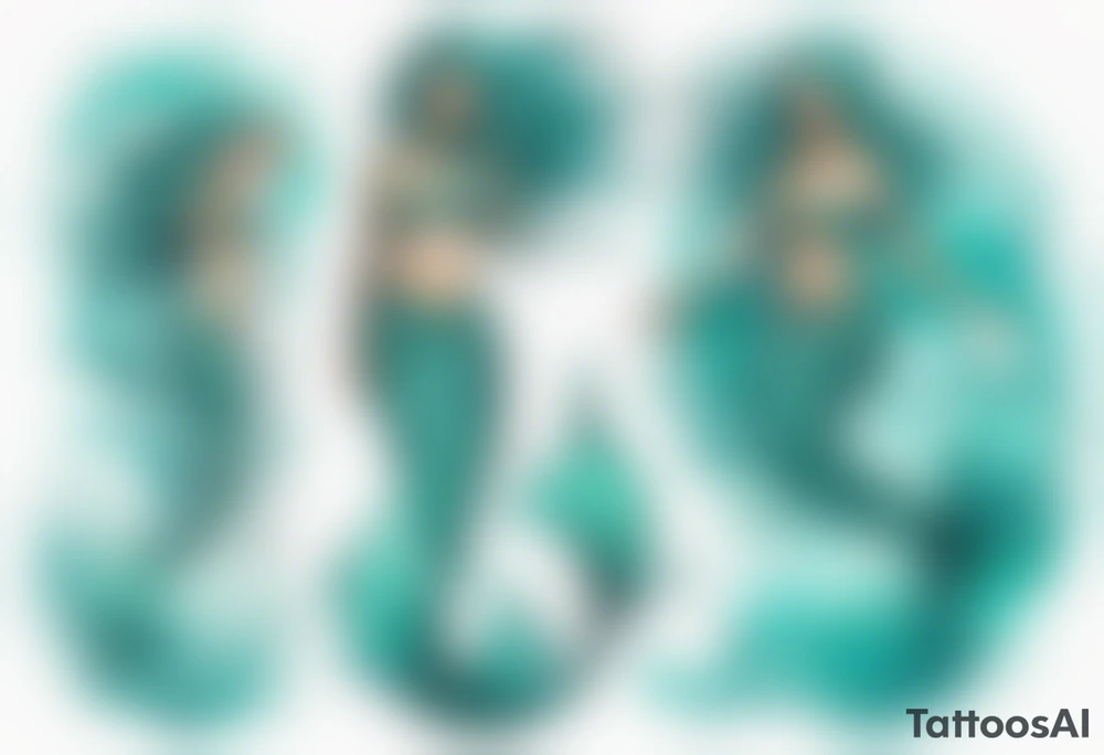 a turquoise mermaid standing in the sea surrounded by crashing waves tattoo idea