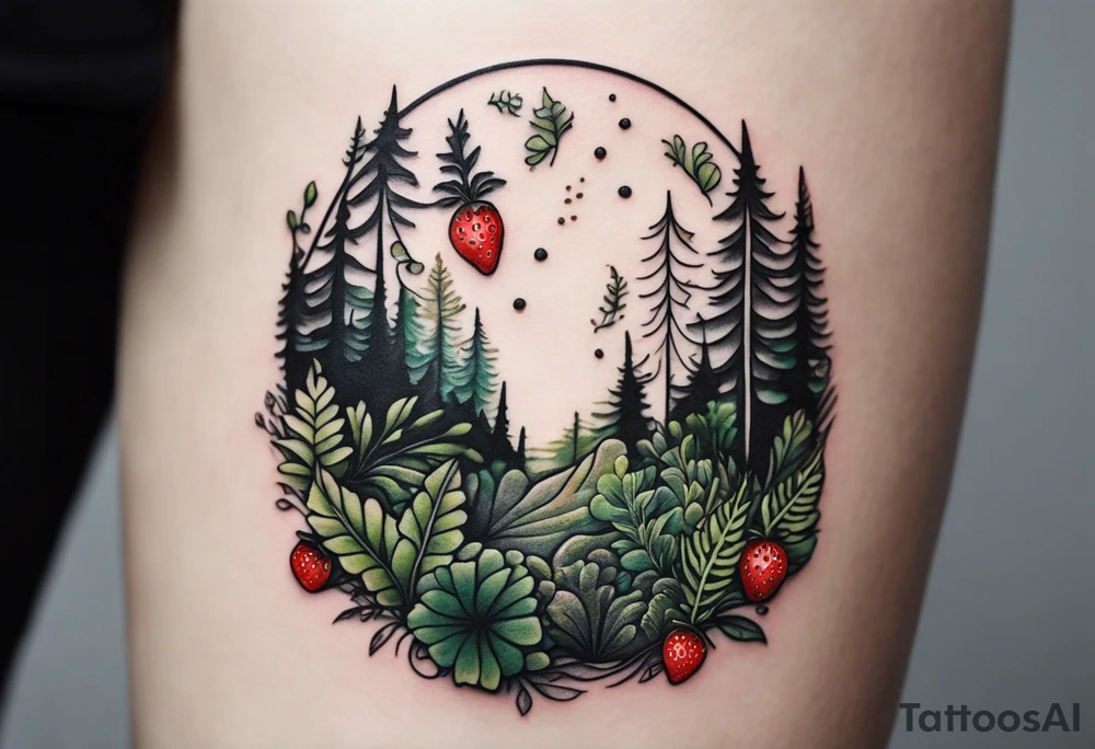 forest floor inspired minimalist tattoo, which includes grass, curly ferns, moss and dead leaves as the bulk of the tattoo. details to include: three very tiny strawberries, a tiny bumblebee flying nearby, three small brown mushrooms
Generate a vertically long one tattoo idea
