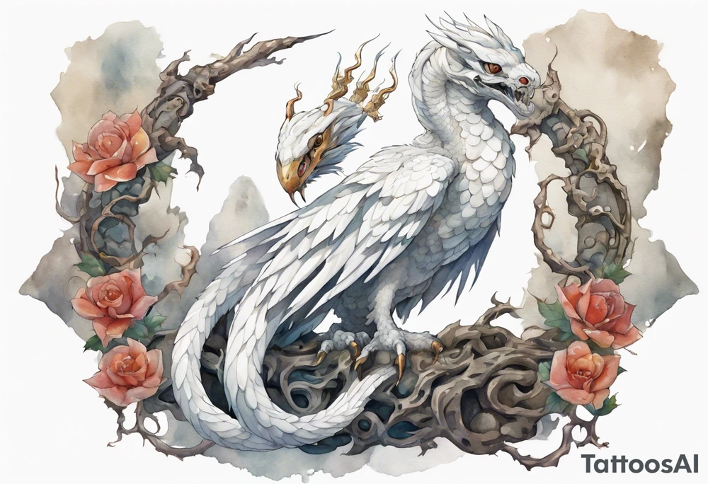a white bird-serpent hybrid, wearing a iron crown, sitting on a stone tattoo idea
