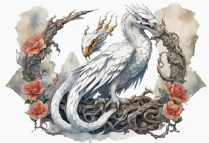 a white bird-serpent hybrid, wearing a iron crown, sitting on a stone tattoo idea