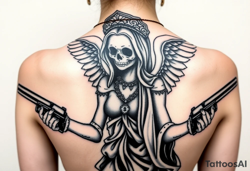 old angel statue (Santa Muerte style) criminal style tattooed and at the same time contemporary, weapons in hand, gangster-style gold necklaces tattoo idea