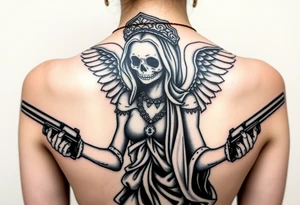 old angel statue (Santa Muerte style) criminal style tattooed and at the same time contemporary, weapons in hand, gangster-style gold necklaces tattoo idea