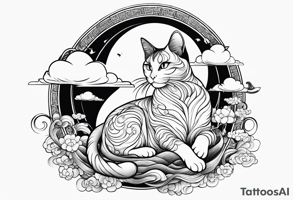 japanese clouds encirkling cat tattoo idea