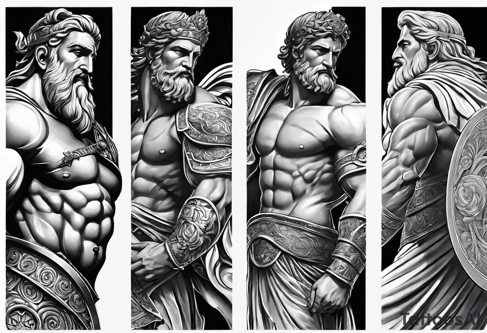 Greek or Roman mythology half sleeve  add some background and other things to make the person almost full or full height add background details men god tattoo idea