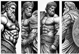 Greek or Roman mythology half sleeve  add some background and other things to make the person almost full or full height add background details men god tattoo idea