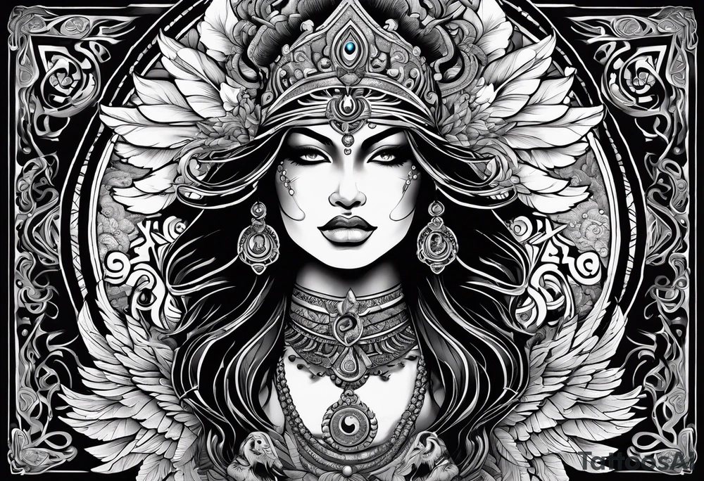 black kali, goddess pirate, alien, angel, pachamama, valkrye, warrior, flying, skull, lotus azul, wing, eagle, zenza resonance, stars, 5D, anahata chakra, death, durga, riding on a tiger, flying lady, kundalini, chest tatoo, samuri, rebel tattoo idea