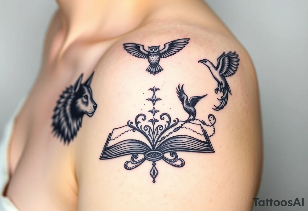 An open book with silhouettes of a werewolf, owl, dragon & phoenix above it tattoo idea