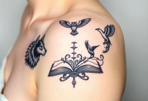 An open book with silhouettes of a werewolf, owl, dragon & phoenix above it tattoo idea