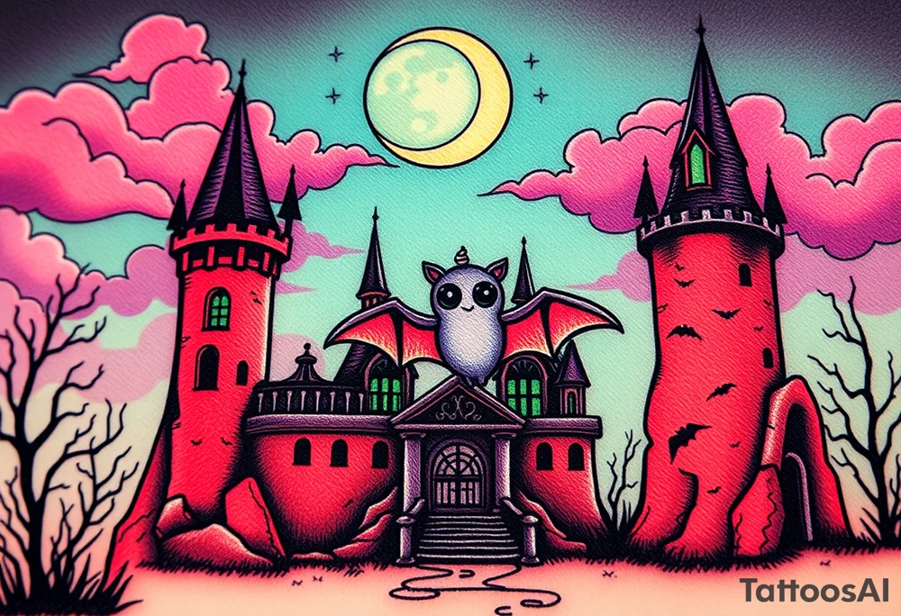 Tim Burton’s haunted castle is abandoned and dripping with muted reds, dusty pinks, and eerie green glow.purple and cyan smokey clouds swirl in the crescent moonlit sky thats sprinkled with stars under the castle an adorable kawaii bat spreads its wings tattoo idea tattoo idea
