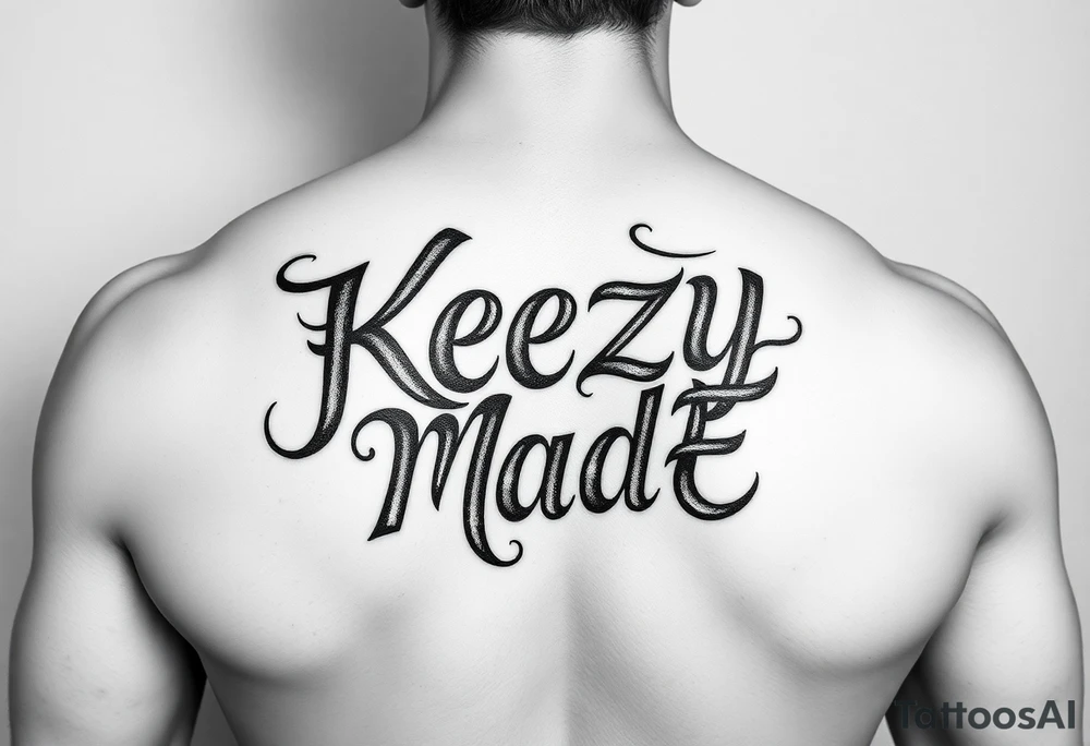 Just the lettering nothing around background or addons fancy but rugged twisted and intertwined circular arched curvy lettering in a circular  that would be clothing brand style that says (KeezY MadE) tattoo idea