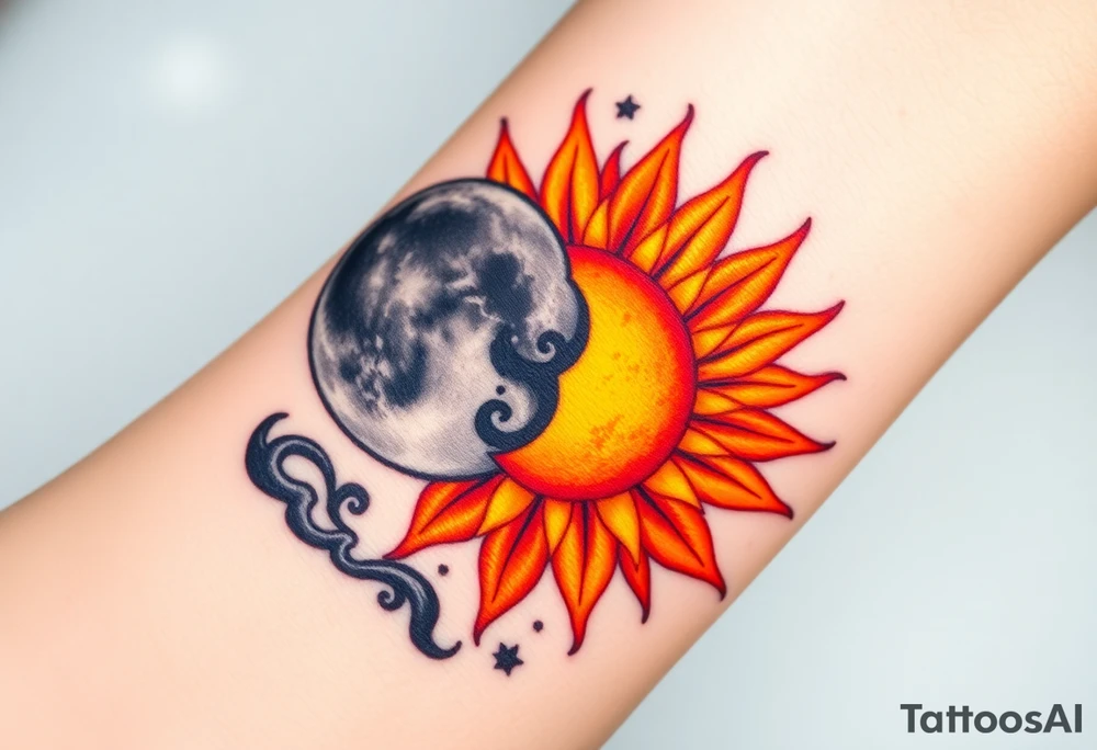 A bright, fiery sun in shades of orange, yellow, and red, radiating warmth and life, with rays stretching outward, contrasting against a cold, shadowy moon in silvery blues and grays, surrounded by swirling black clouds and darkened stars. tattoo idea