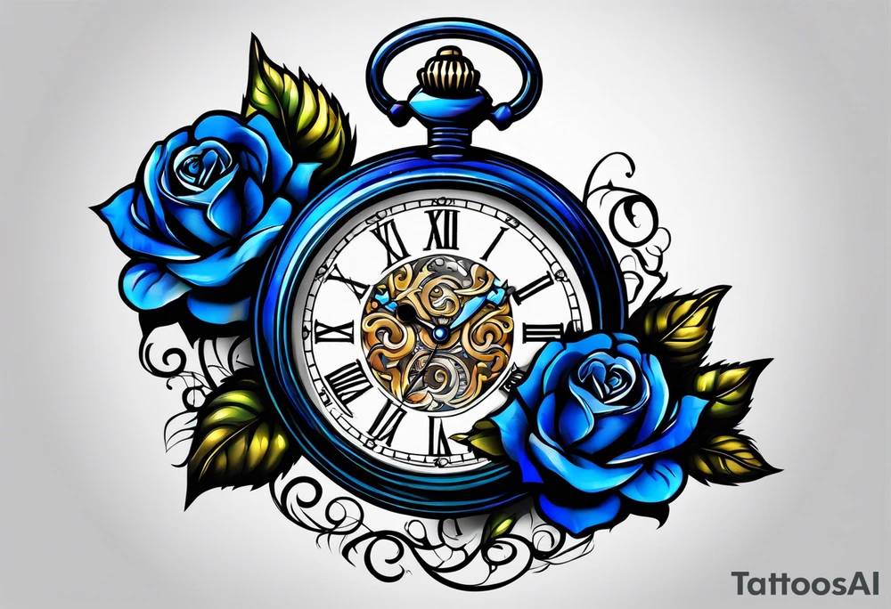 Pocket watch with blue roses tattoo idea