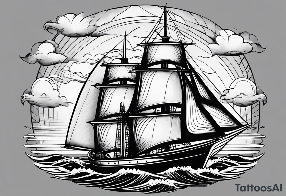 sailboat seen from the front. sail in the shape of a maritime lighthouse.phoenix drawn on the sail. tattoo idea