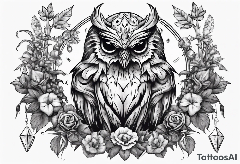 Demon crowned Owl surrounded by poisonous plants, crystals and astrology. tattoo idea