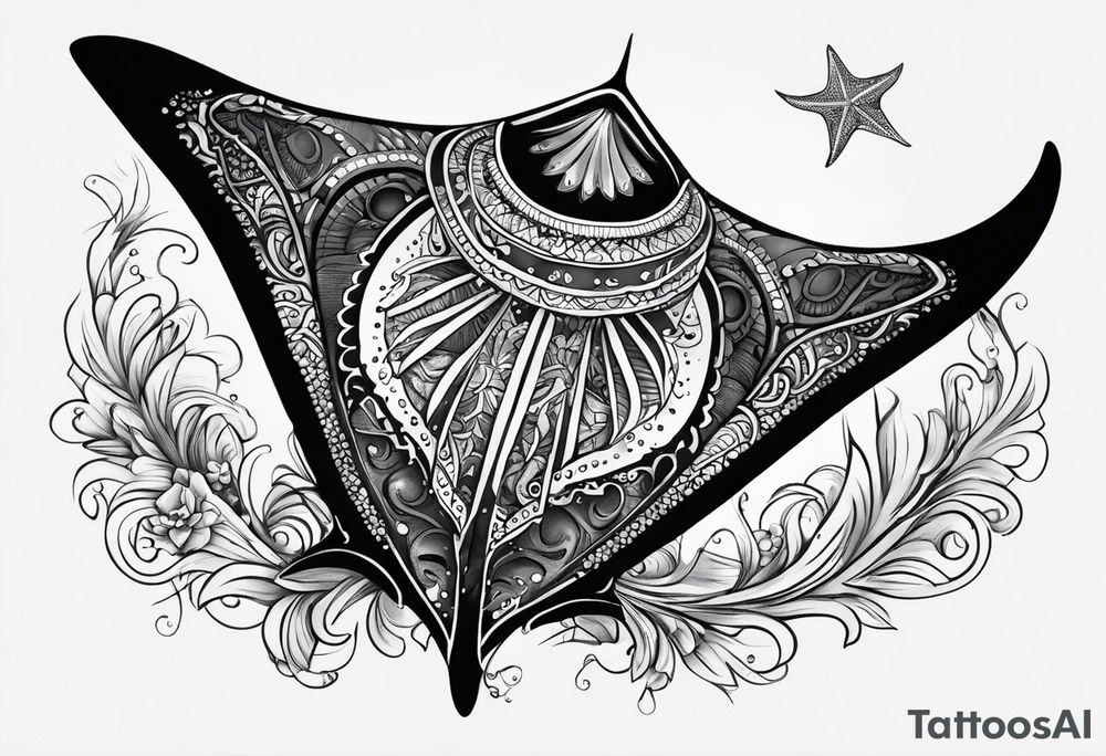 A manta ray with a sea star as a polynesian tattoo. A smaller tattoo for female forearm or wrist tattoo idea