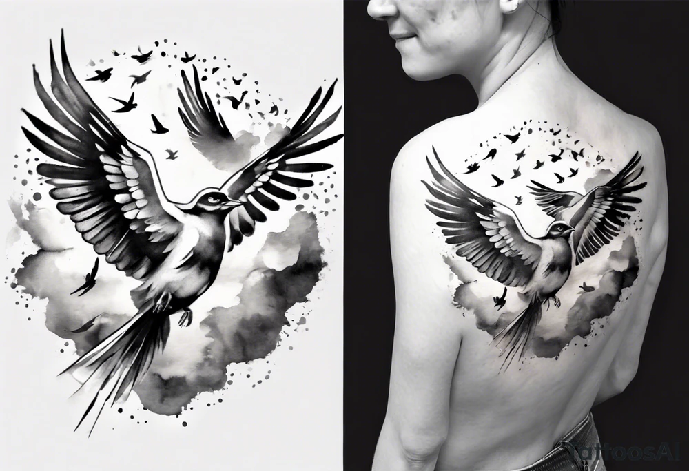shoulder tattoo with light rays with birds flying free among the clouds, round shape, 3d effect tattoo idea shoulder tattoo with light rays with birds flying free among the clouds, round shape, 3d effect tattoo idea