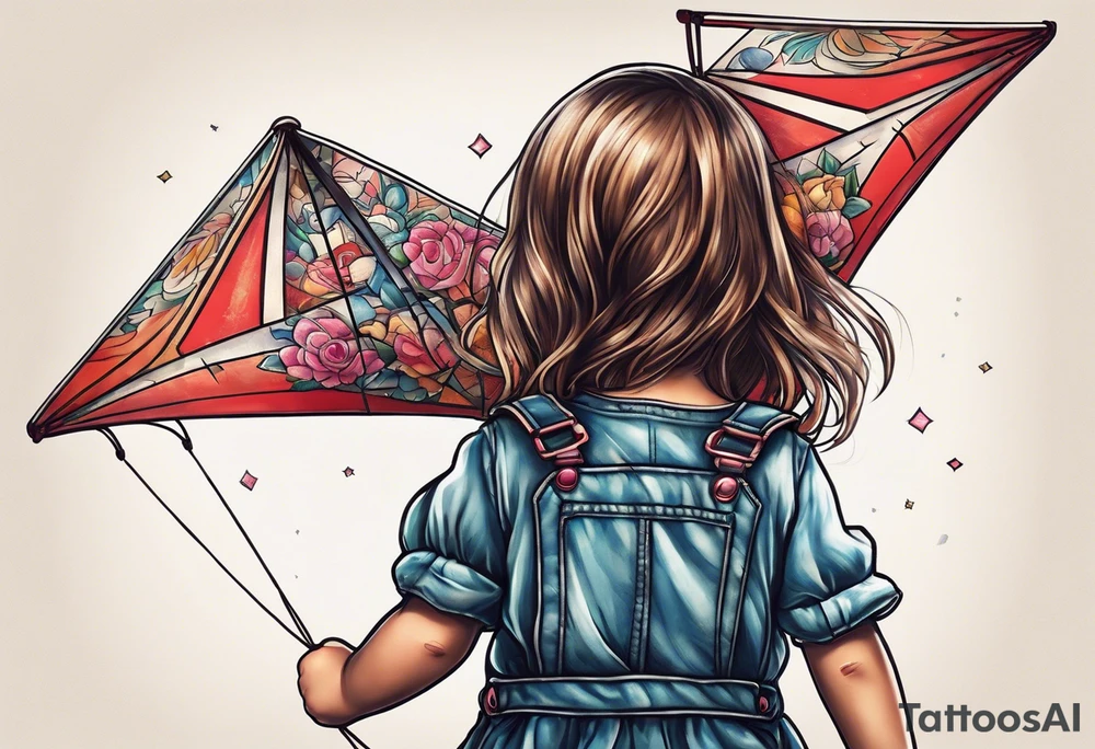 back image of a little girl in a dress, holding as kite , a teddy bear in overalls, standing beside her tattoo idea
