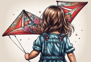 back image of a little girl in a dress, holding as kite , a teddy bear in overalls, standing beside her tattoo idea