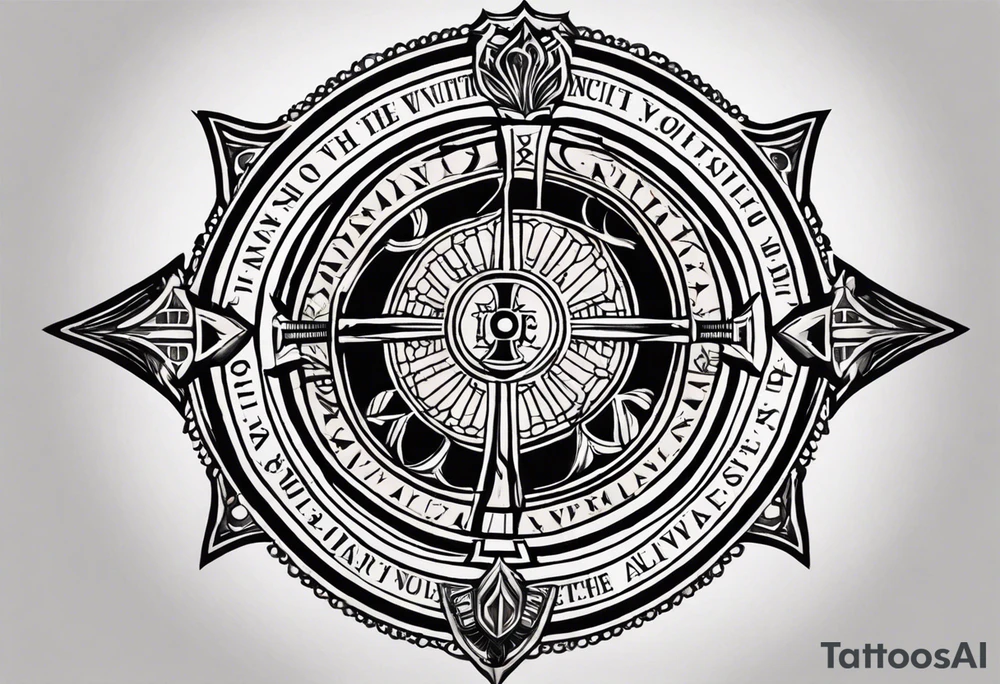 The tattoo is spiritually driven, using the Latin quote "Vincit qui see Vincit," which translates to "He who conquers himself conquers the world." Create this tattoo using the ideas of the warrior spirit, discipline, and growth in all aspects of life. The tattoo will be on the forearm tattoo idea