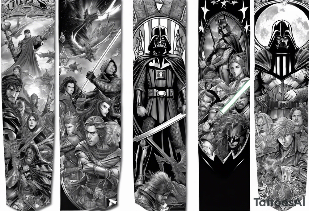 Full arm sleeve tattoo extending from shoulder to wrist featuring the battle of Helms Deep with character such as Anakin Skywalker, Obi Wan Kenobi, Darth Vader, Superman, Batman, Green Lantern, Dark Magician and Blue-Eyes White Dragon from Yu-Gi-Oh!, and Captain America added in tattoo idea