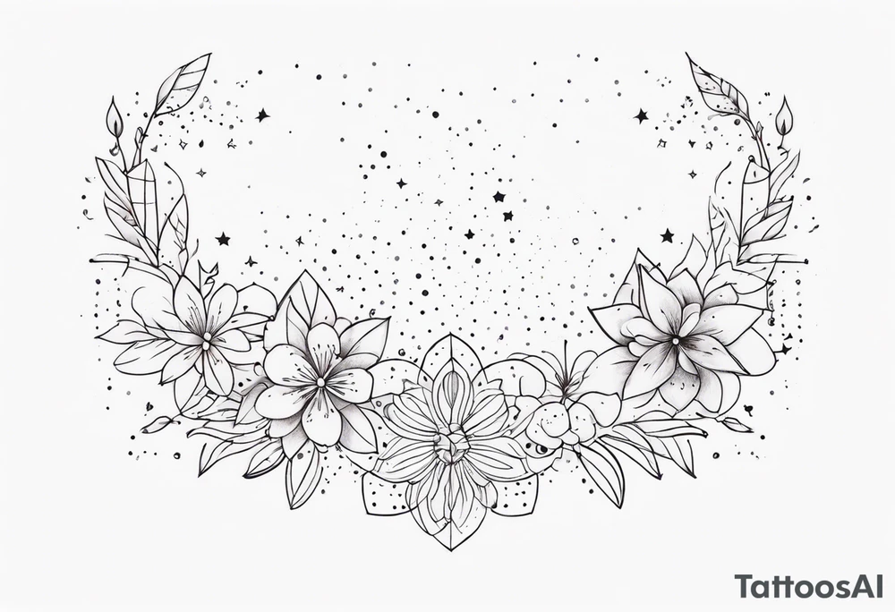 fine line with stars, floral, dots. Sternum tattoo tattoo idea
