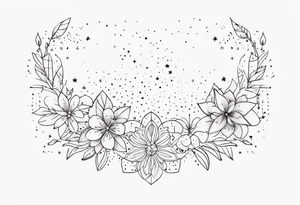 fine line with stars, floral, dots. Sternum tattoo tattoo idea