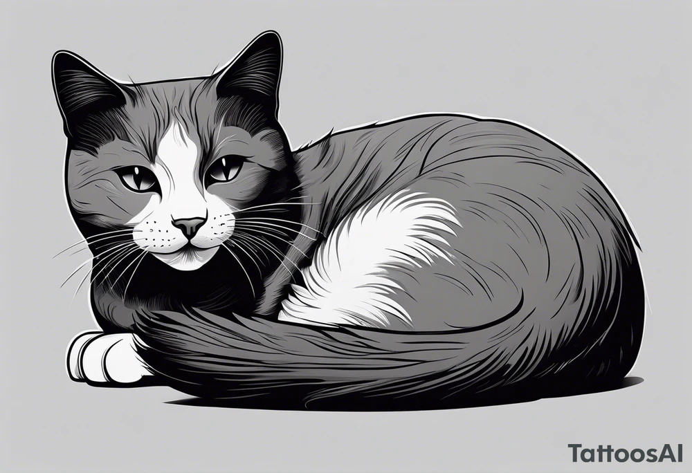 Simple line drawing of a grey cat white some small white patches on her belly and white paws. Face is all grey.  I want her curled up sleeping. She has short hair. tattoo idea