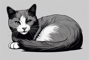 Simple line drawing of a grey cat white some small white patches on her belly and white paws. Face is all grey.  I want her curled up sleeping. She has short hair. tattoo idea