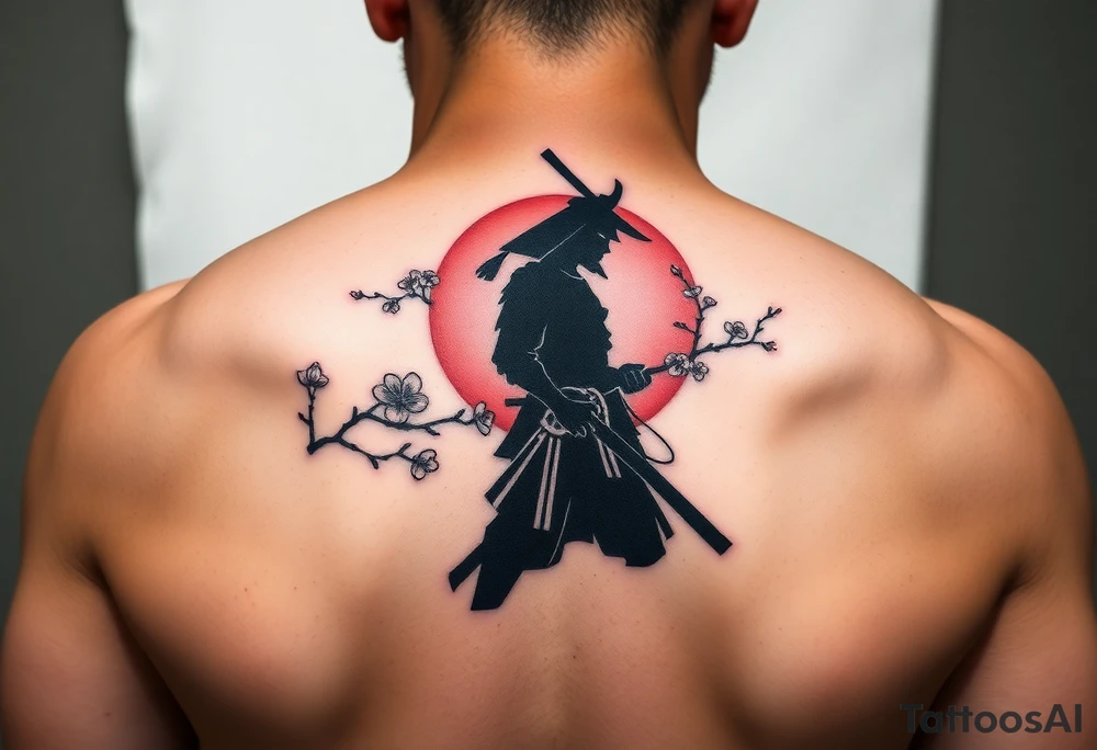 noble samurai warrior silhouette at sunset with cherry blossoms tattoo idea