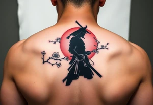 noble samurai warrior silhouette at sunset with cherry blossoms tattoo idea
