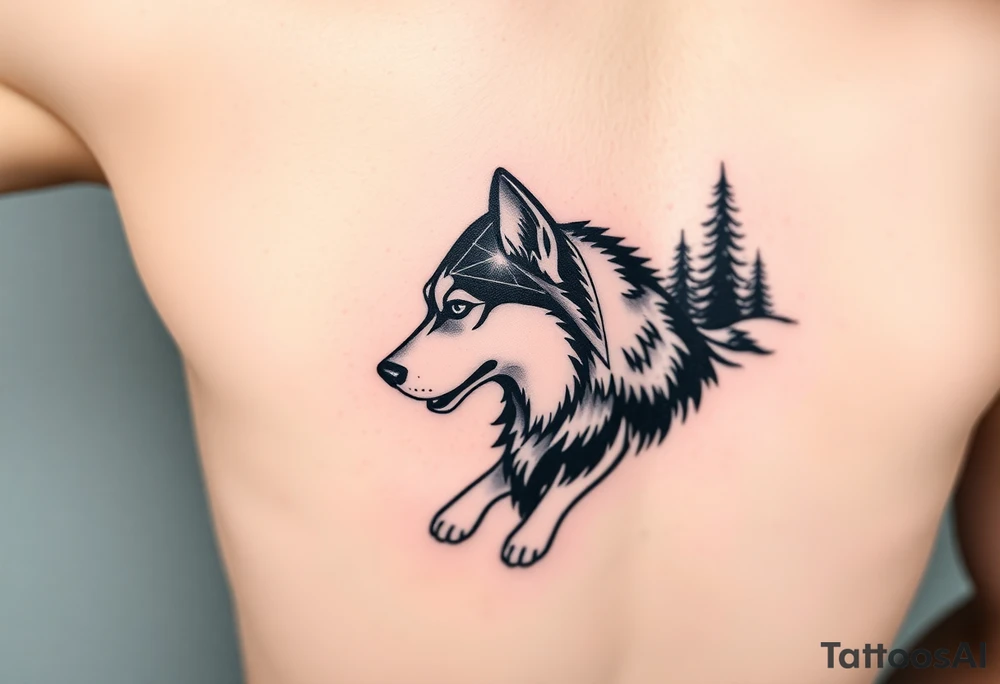 Majestic Siberian husky in a snowy forest scene tattoo idea