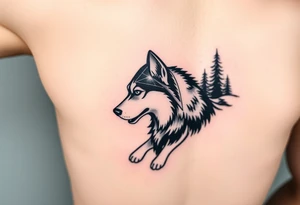 Majestic Siberian husky in a snowy forest scene tattoo idea