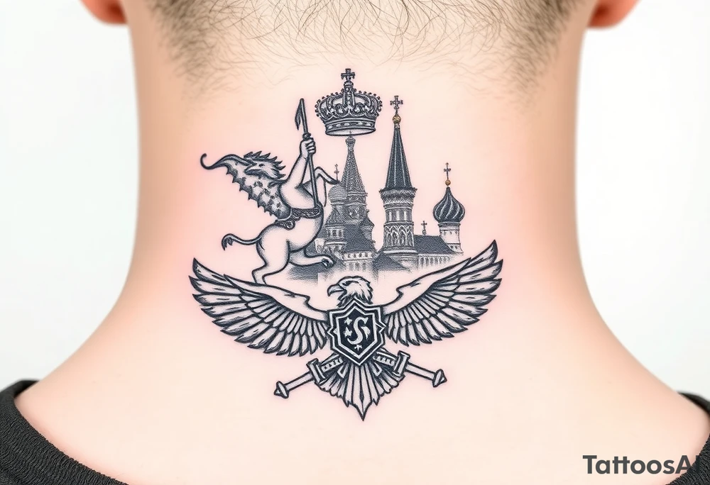 St. George slaying the dragon (hugely common in Russian Orthodox art)
Russian imperial crown above the eagle
Crossed swords or a Russian sabre
The Kremlin or St. Basil's Cathedral scene tattoo idea