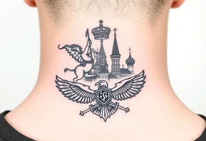 St. George slaying the dragon (hugely common in Russian Orthodox art)
Russian imperial crown above the eagle
Crossed swords or a Russian sabre
The Kremlin or St. Basil's Cathedral scene tattoo idea