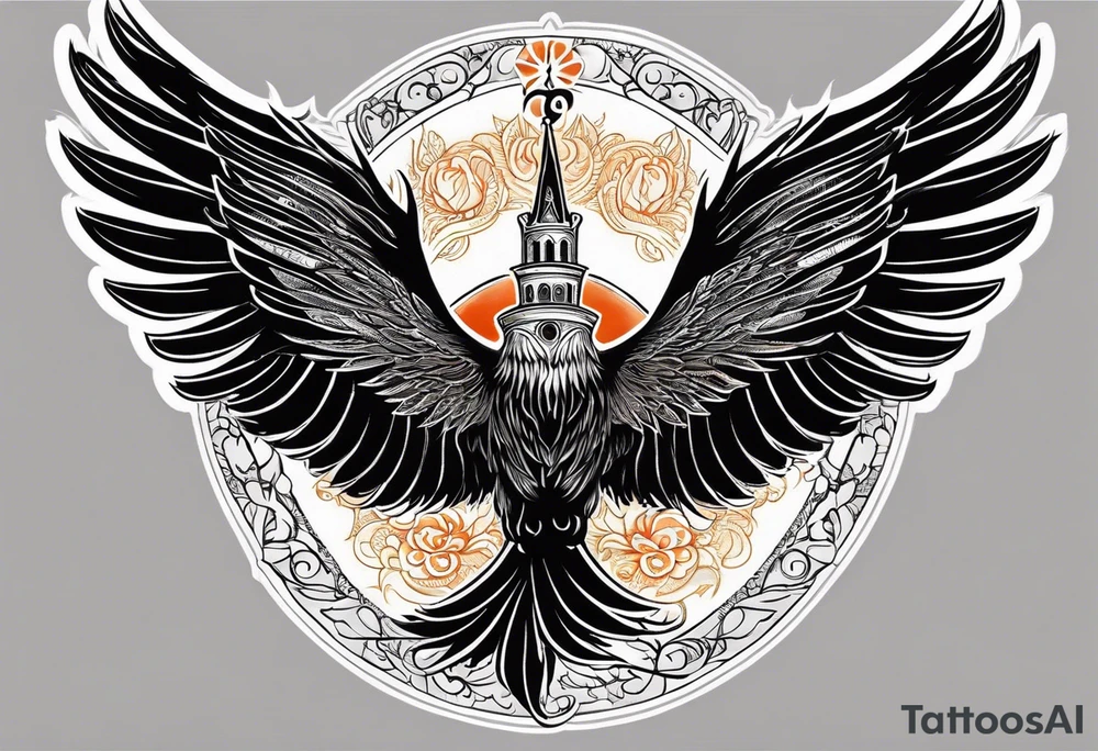russian firebird in-flight with fancy tail and small onion cap monastery towers in background, with "Isaiah 43: 18-19" tattoo idea