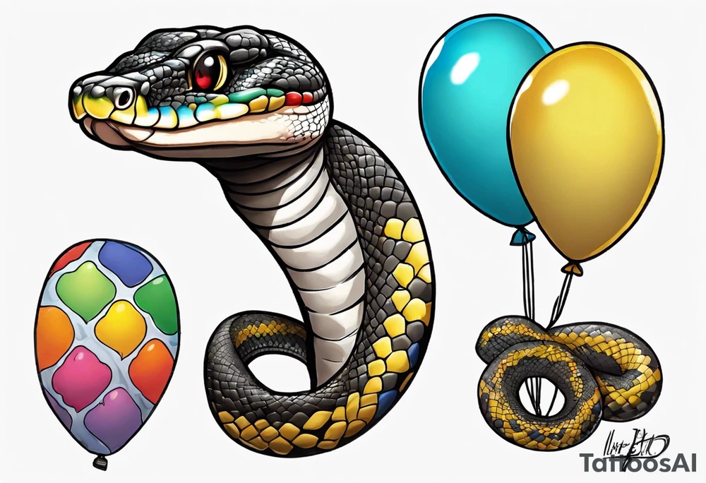 african python with colored ballons from movie up! aside and te-fiti stone on the other side tattoo idea