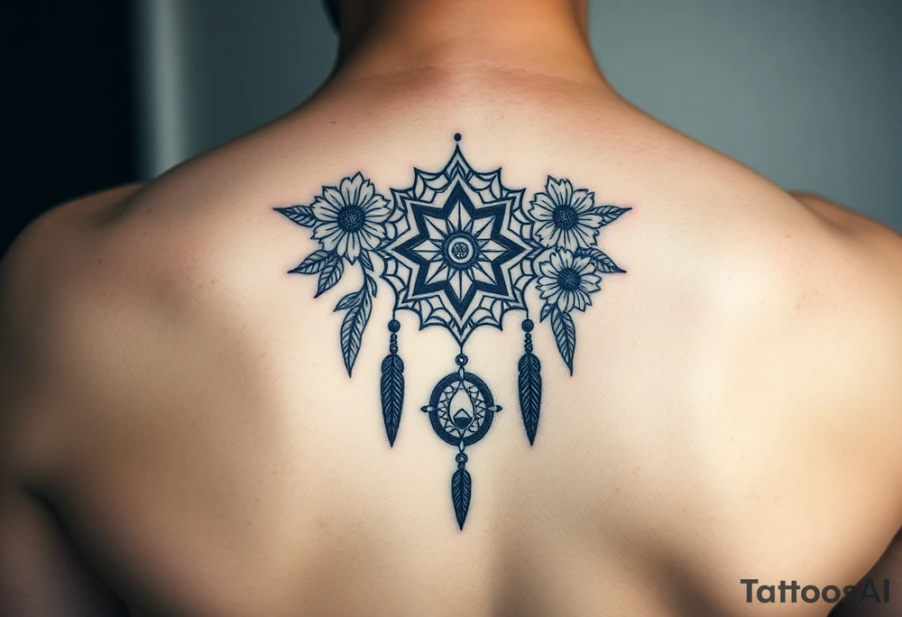 Boho dream catcher with gothic compass and hourglass. Beautiful flowers and an ornamental chandelier like look tattoo idea