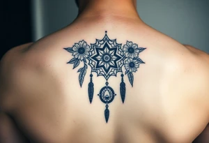 Boho dream catcher with gothic compass and hourglass. Beautiful flowers and an ornamental chandelier like look tattoo idea