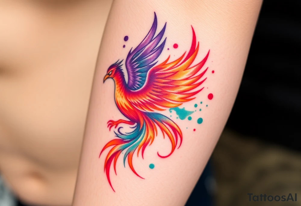 Phoenix with blazing flames with purple, orange, teal and green splashes tattoo idea