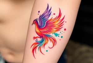 Phoenix with blazing flames with purple, orange, teal and green splashes tattoo idea