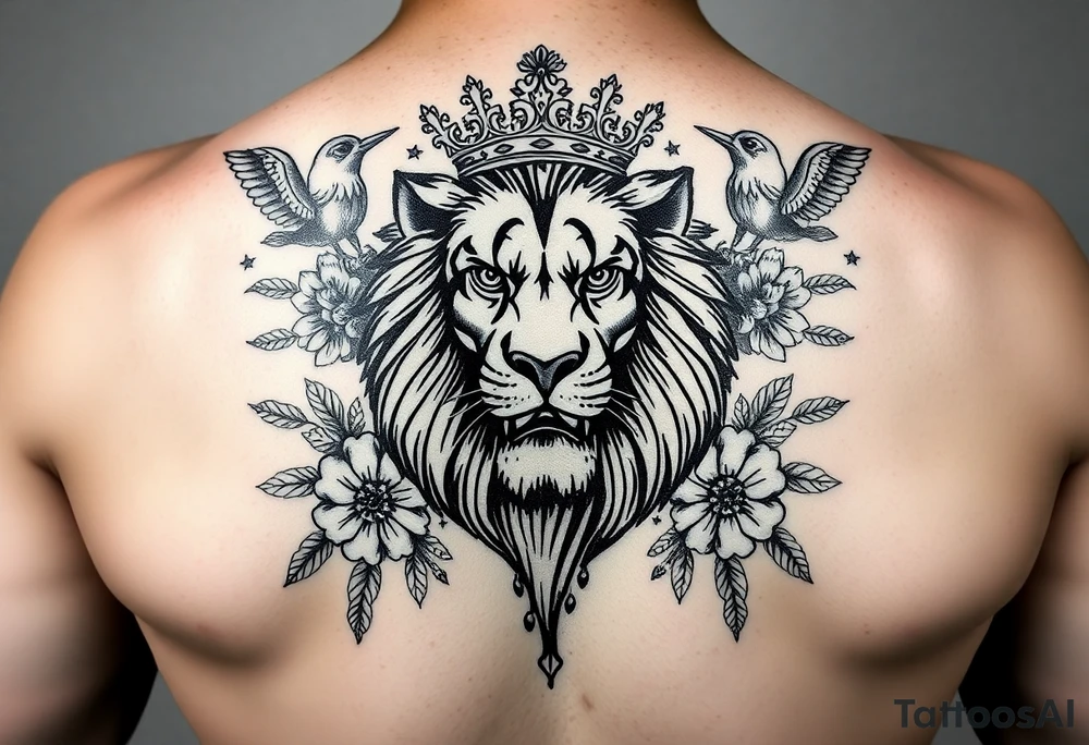 powerful majestic lion with a crown, surrounded by floral ornaments and birds tattoo idea