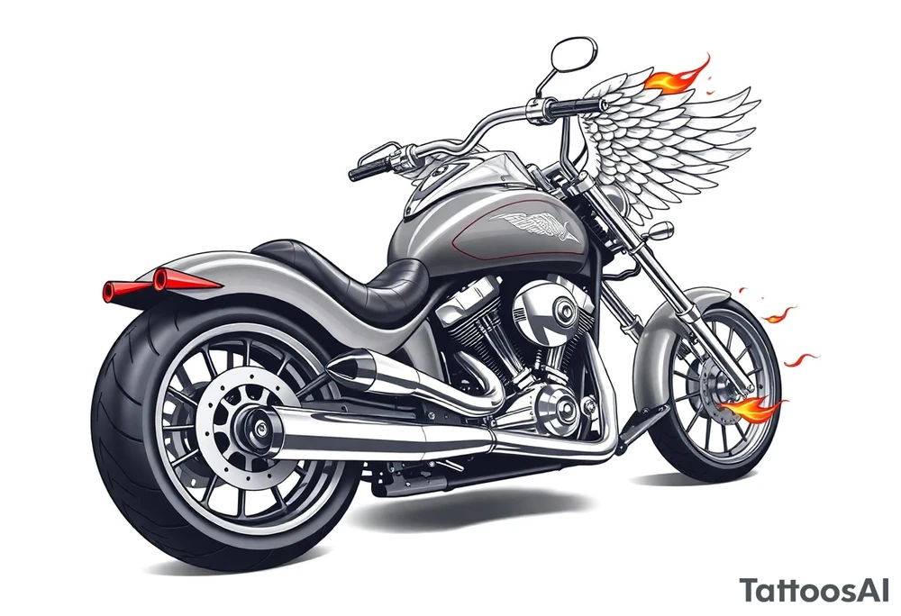 Low rider grey motorcycle, big muffler pipes with flames, angel wings, driving away, no person tattoo idea